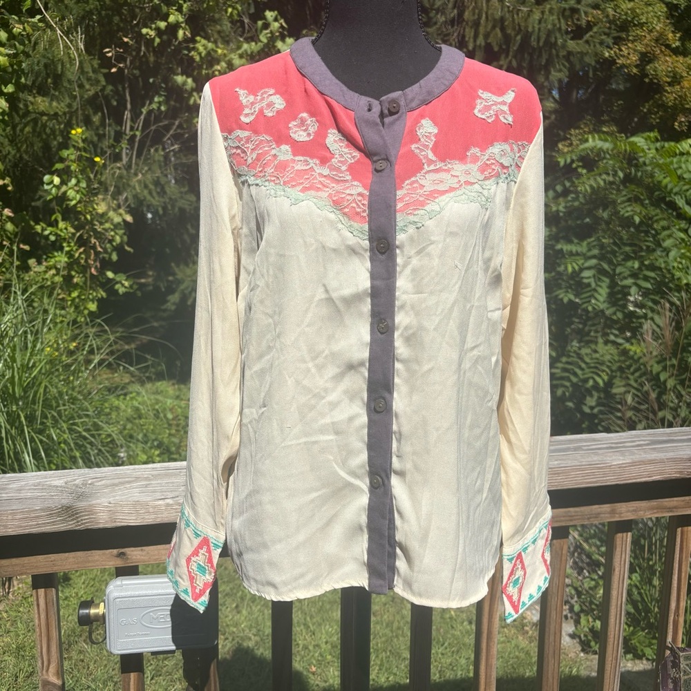 Red Ranch western pretty blouse button up lace country women’s sz small
